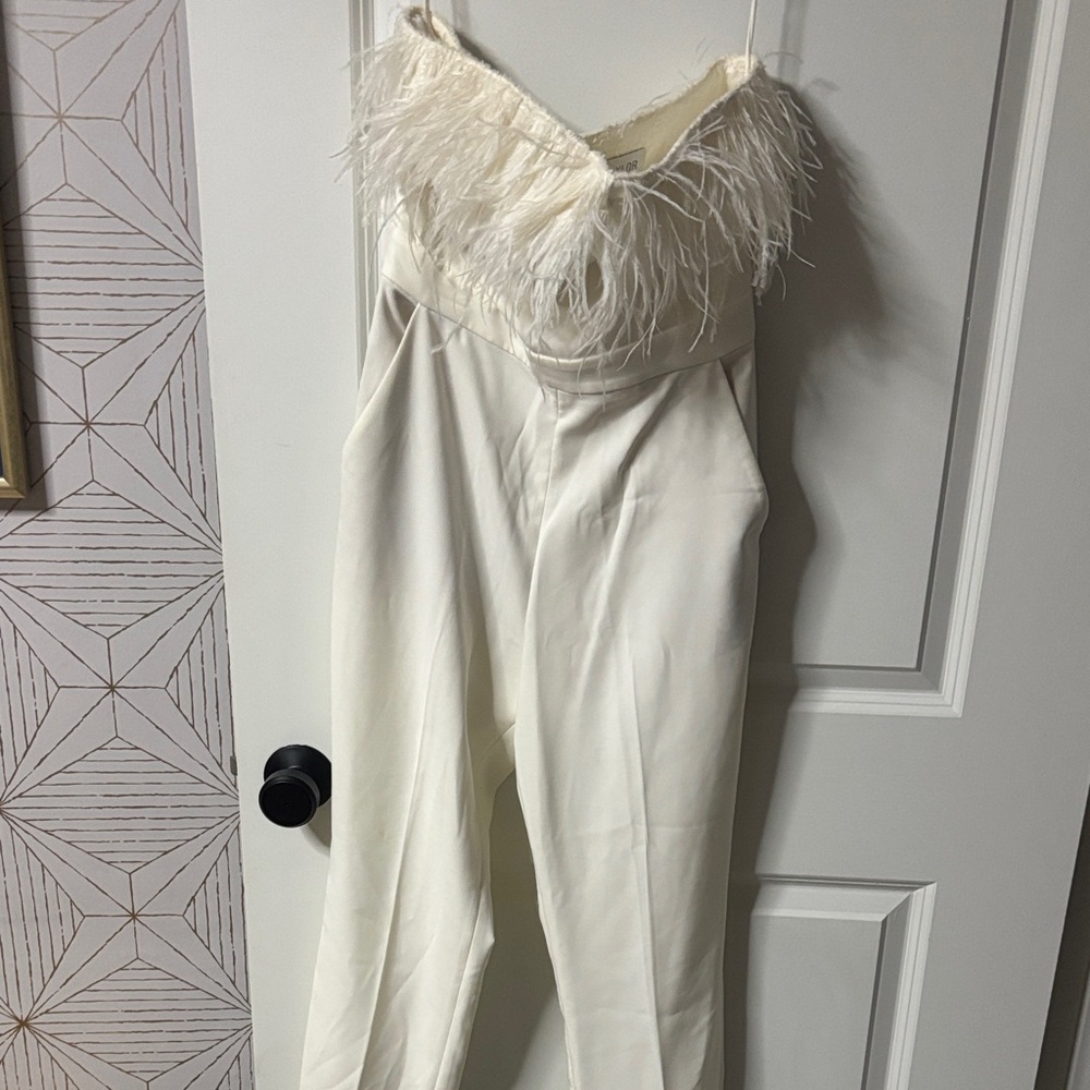 SAYLOR Cream Feather-Trim Jumpsuit